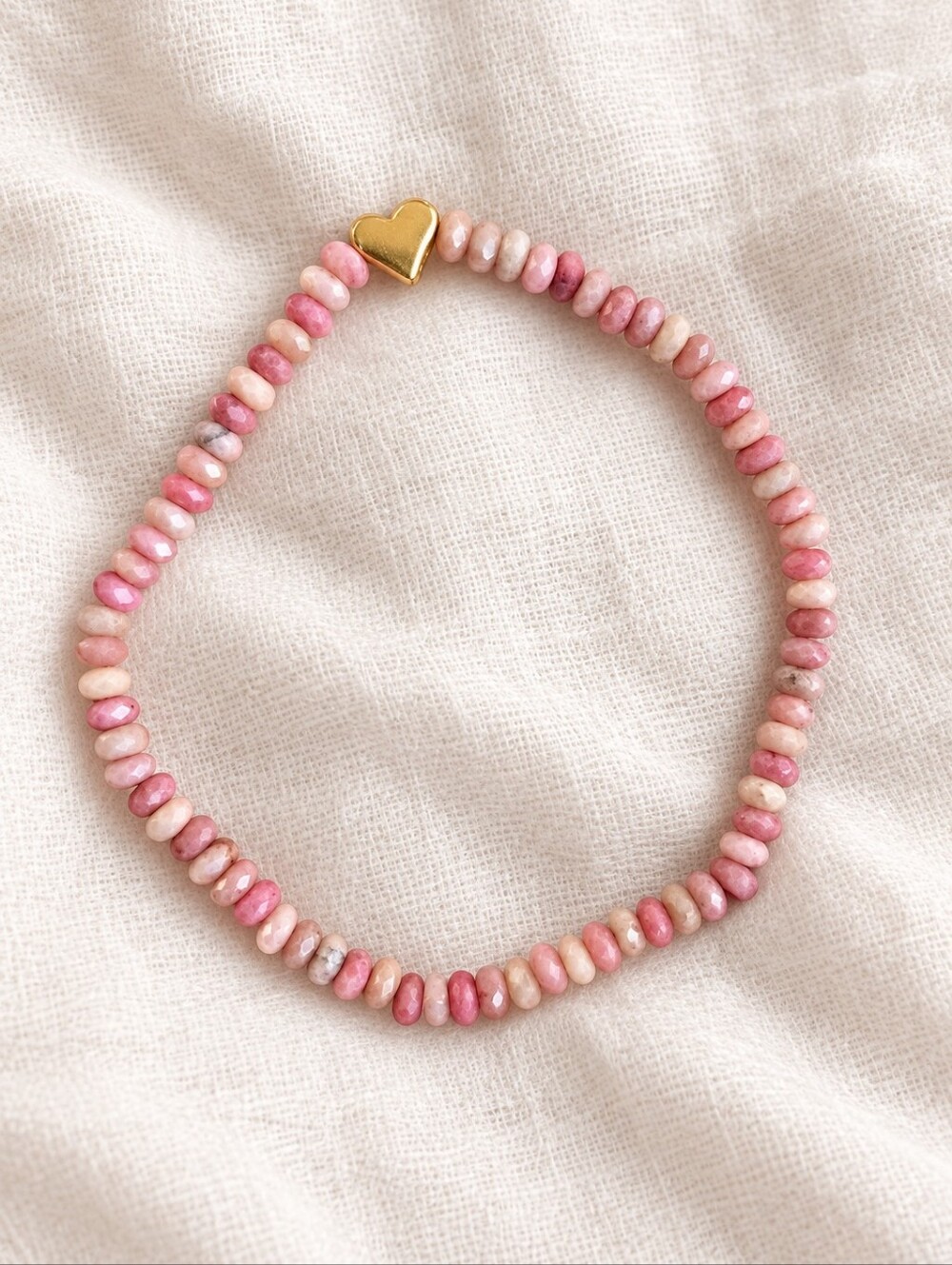Pink Rhodonite Stretch Bracelet | Gold Heart | Handmade